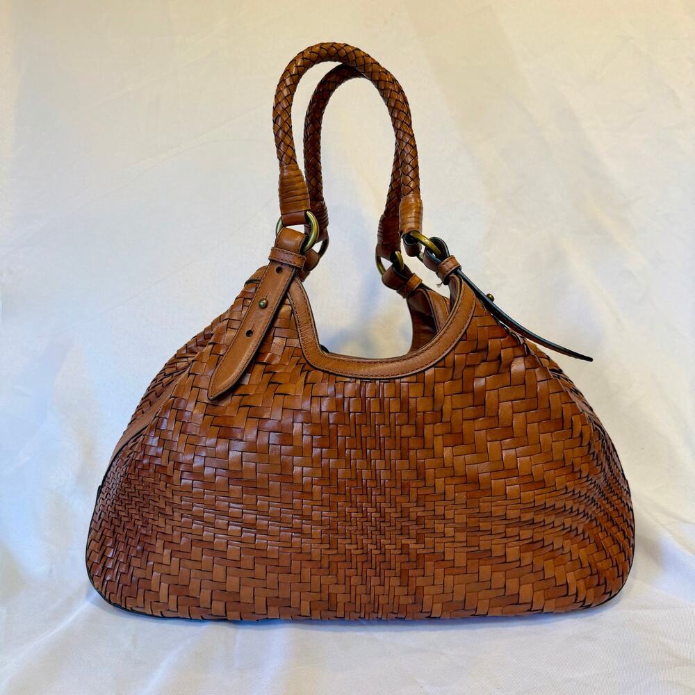 Cole Haan Genevieve Woven Leather Hobo Bag Cognac Brown Shoulder Bag Purse